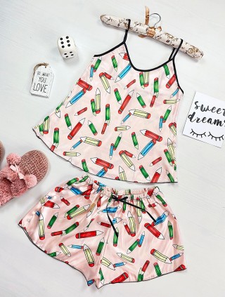 Pijama dama ieftina primavara-vara crem Lady cu imprimeu Creioane