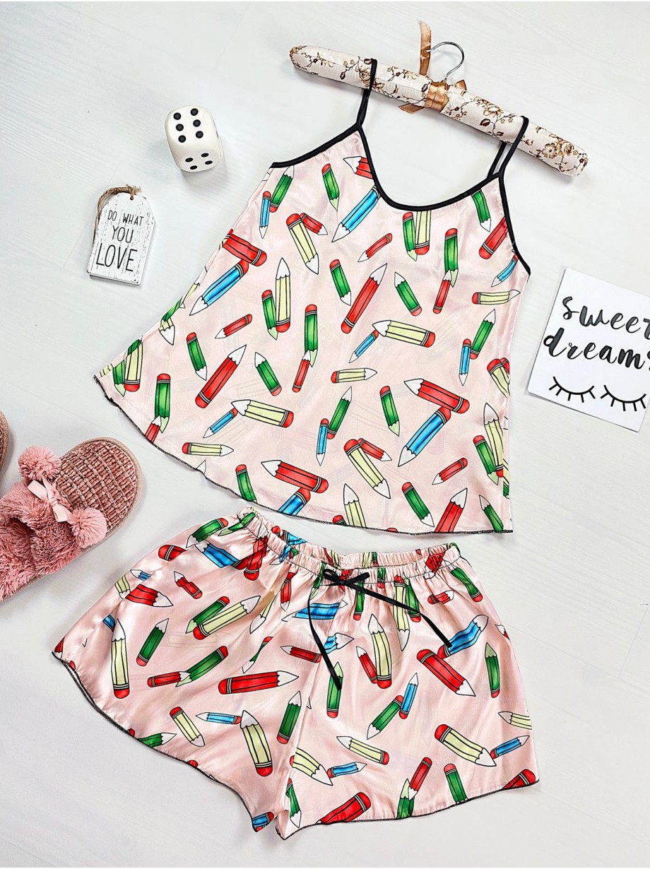 Pijama dama ieftina primavara-vara crem Lady cu imprimeu Creioane