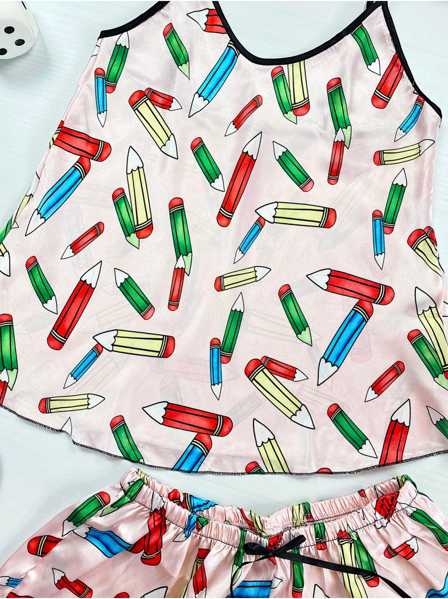 Pijama dama ieftina primavara-vara crem Lady cu imprimeu Creioane