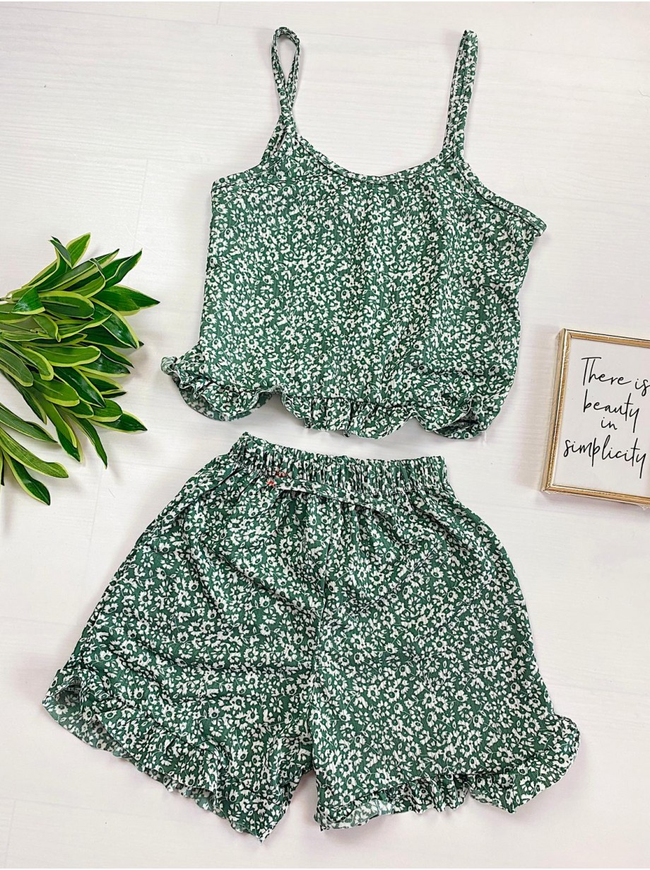 Pijama dama verde ieftina scurta cu maieu cu volanase si imprimeu musetel