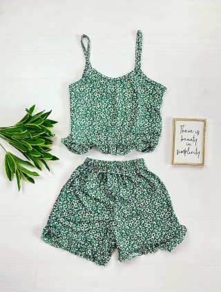 Pijama dama verde ieftina scurta cu maieu cu volanase si imprimeu musetel