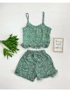 Pijama dama verde ieftina scurta cu maieu cu volanase si imprimeu musetel