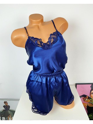 Pijama dama ieftina primavara-vara bleumarin Lady cu model dantelat