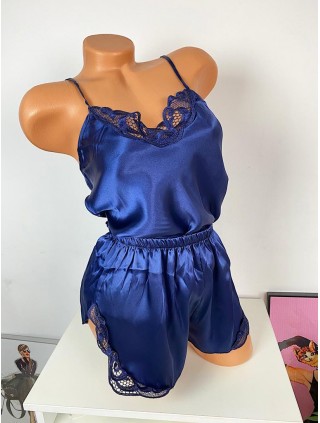 Pijama dama ieftina primavara-vara bleumarin Lady cu model dantelat