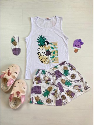 Pijama dama ieftina bumbac cu pantaloni scurti albi si maieu alb cu imprimeu Ananas & girl
