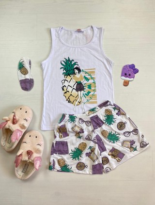 Pijama dama ieftina bumbac cu pantaloni scurti albi si maieu alb cu imprimeu Ananas & girl