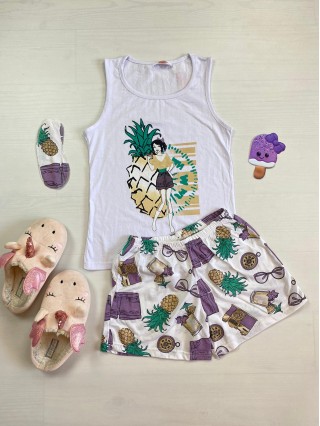 Pijama dama ieftina bumbac cu pantaloni scurti albi si maieu alb cu imprimeu Ananas & girl