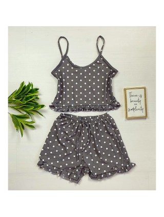 Pijama dama gri ieftina scurta cu maieu cu volanase si imprimeu buline