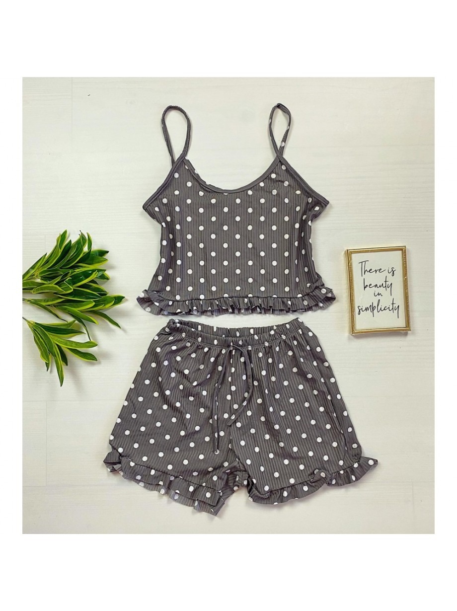 Pijama dama gri ieftina scurta cu maieu cu volanase si imprimeu buline