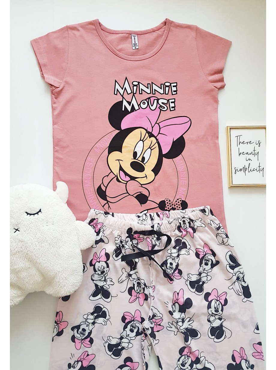 Pijama dama bumbac cu pantaloni lungi si tricou roz cu imprimeu MM Cerc