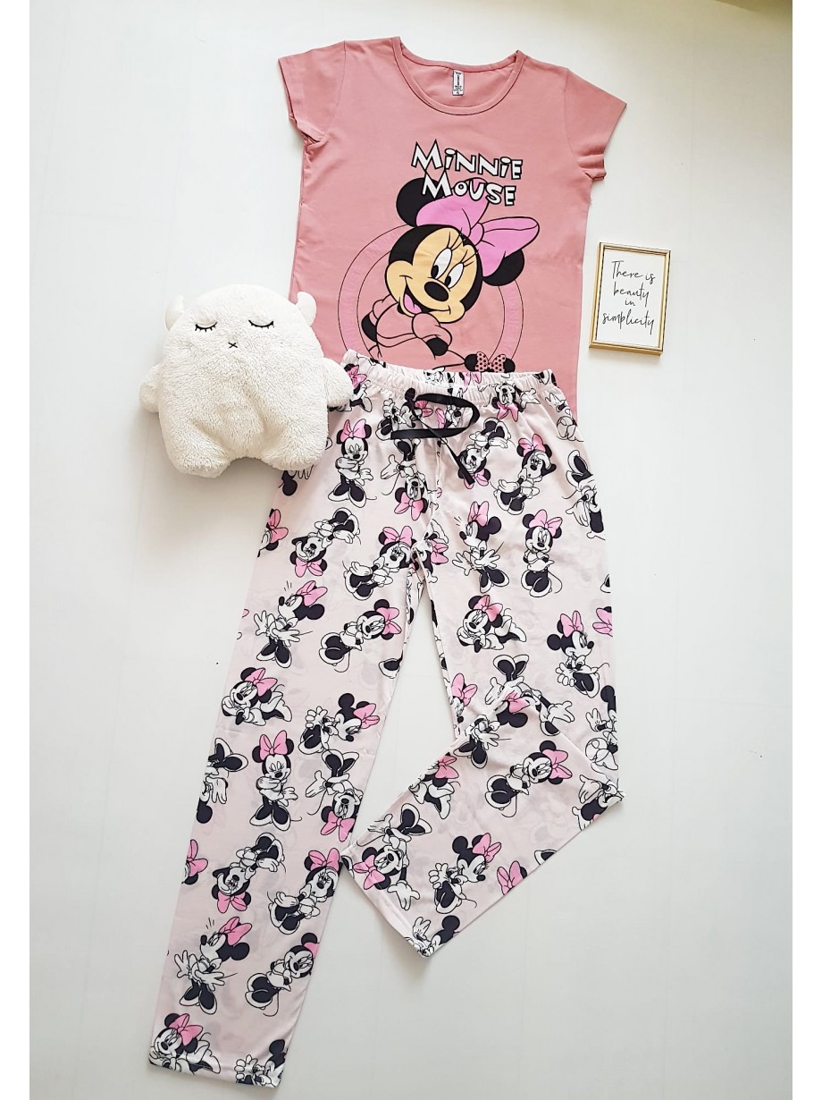 Pijama dama bumbac cu pantaloni lungi si tricou roz cu imprimeu MM Cerc