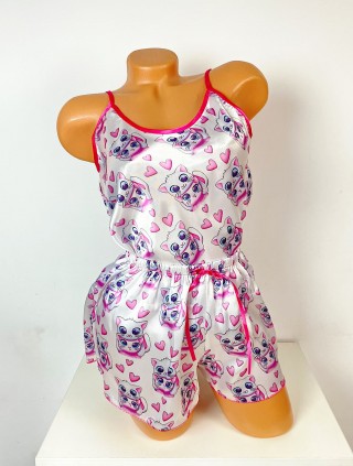 Pijama dama ieftina primavara-vara alb din satin lucios cu imprimeu pisicute