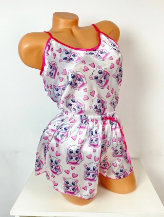 Pijama dama ieftina primavara-vara alb din satin lucios cu imprimeu pisicute