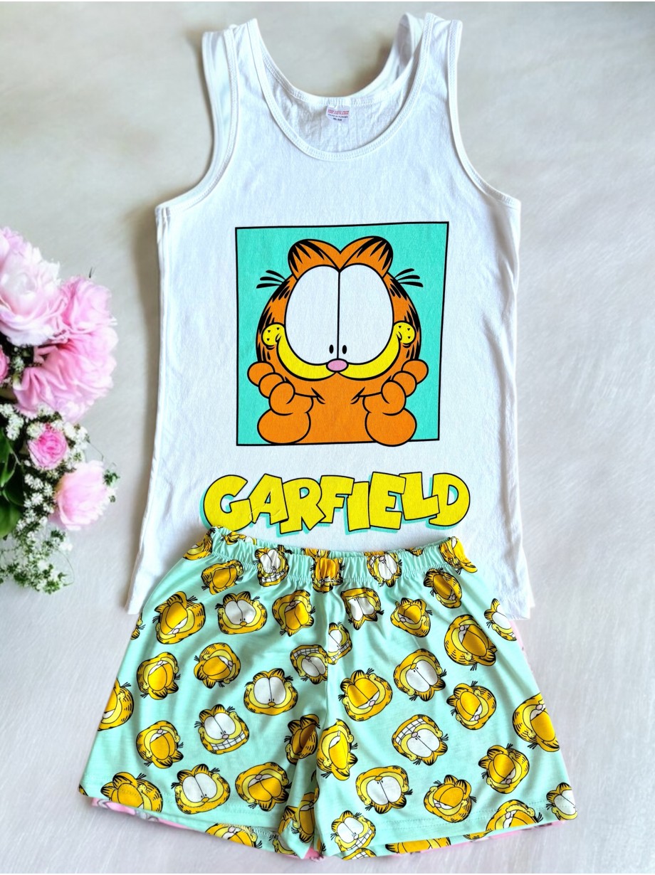 Pijama dama ieftina din bumbac cu maieu si pantaloni scurti si imprimeu Gf Blue