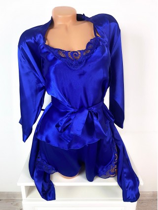 Set dama ieftin albastru din satin format din capot, maieu si pantaloni scurti