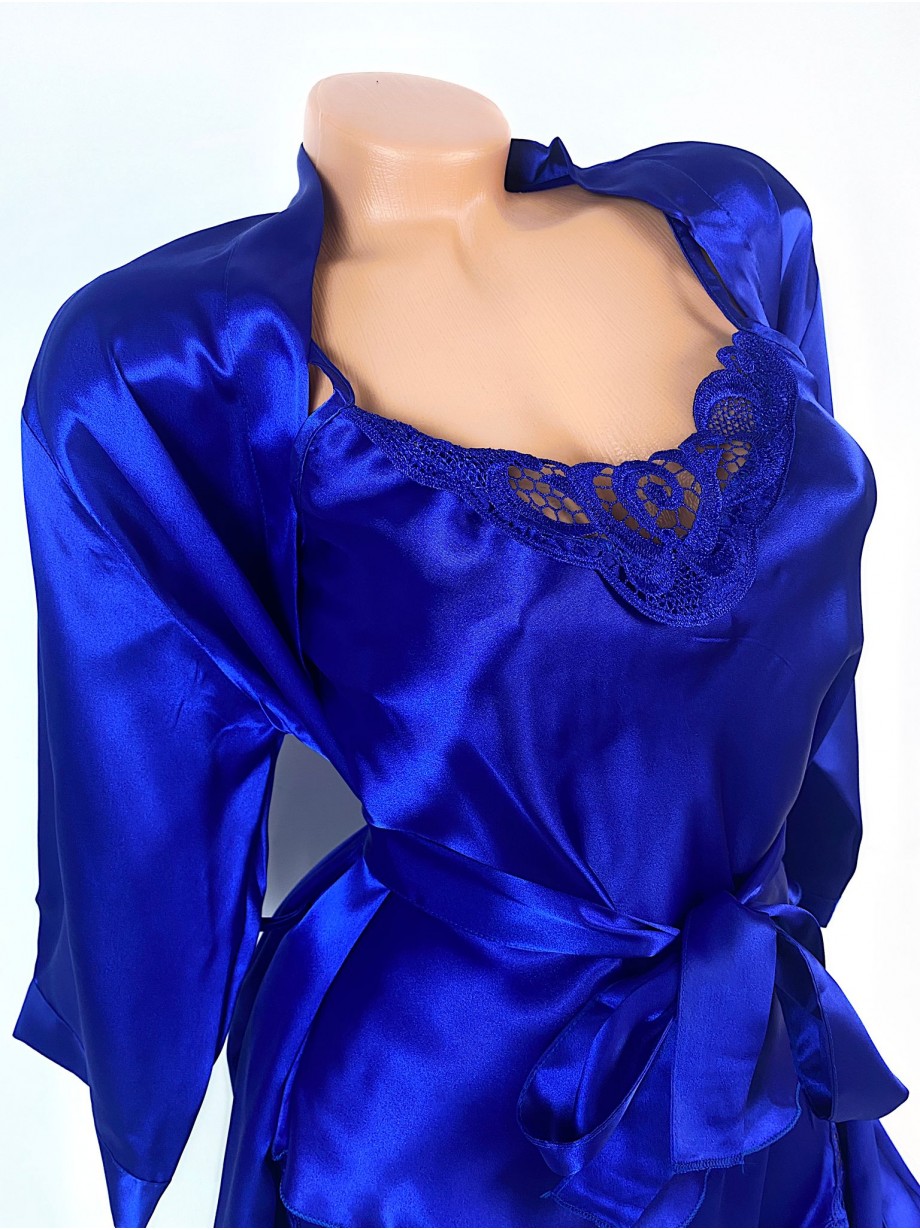 Set dama ieftin albastru din satin format din capot, maieu si pantaloni scurti