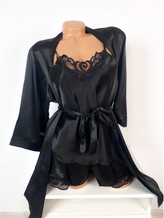 Set dama ieftin negru din satin format din capot, maieu si pantaloni scurti