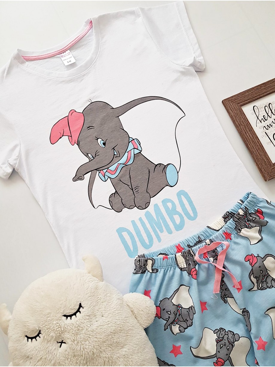Pijama dama ieftina din bumbac cu tricou alb si pantaloni albastri cu imprimeu Dumbo Pijama dama ieftina din bumbac cu tricou alb si pantaloni albastri cu imprimeu Dumbo