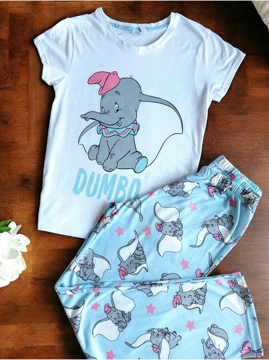 Pijama dama ieftina din bumbac cu tricou alb si pantaloni albastri cu imprimeu Dumbo Pijama dama ieftina din bumbac cu tricou alb si pantaloni albastri cu imprimeu Dumbo