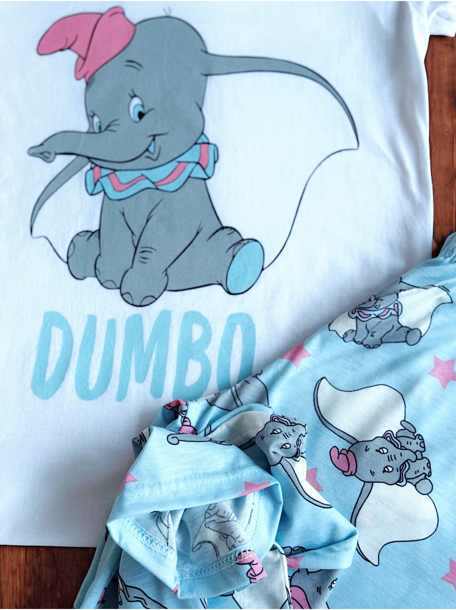 Pijama dama ieftina din bumbac cu tricou alb si pantaloni albastri cu imprimeu Dumbo Pijama dama ieftina din bumbac cu tricou alb si pantaloni albastri cu imprimeu Dumbo