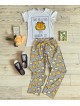 Pijama dama ieftina bumbac lunga cu tricou alb si pantaloni lungi gri cu imprimeu GF Handsome
