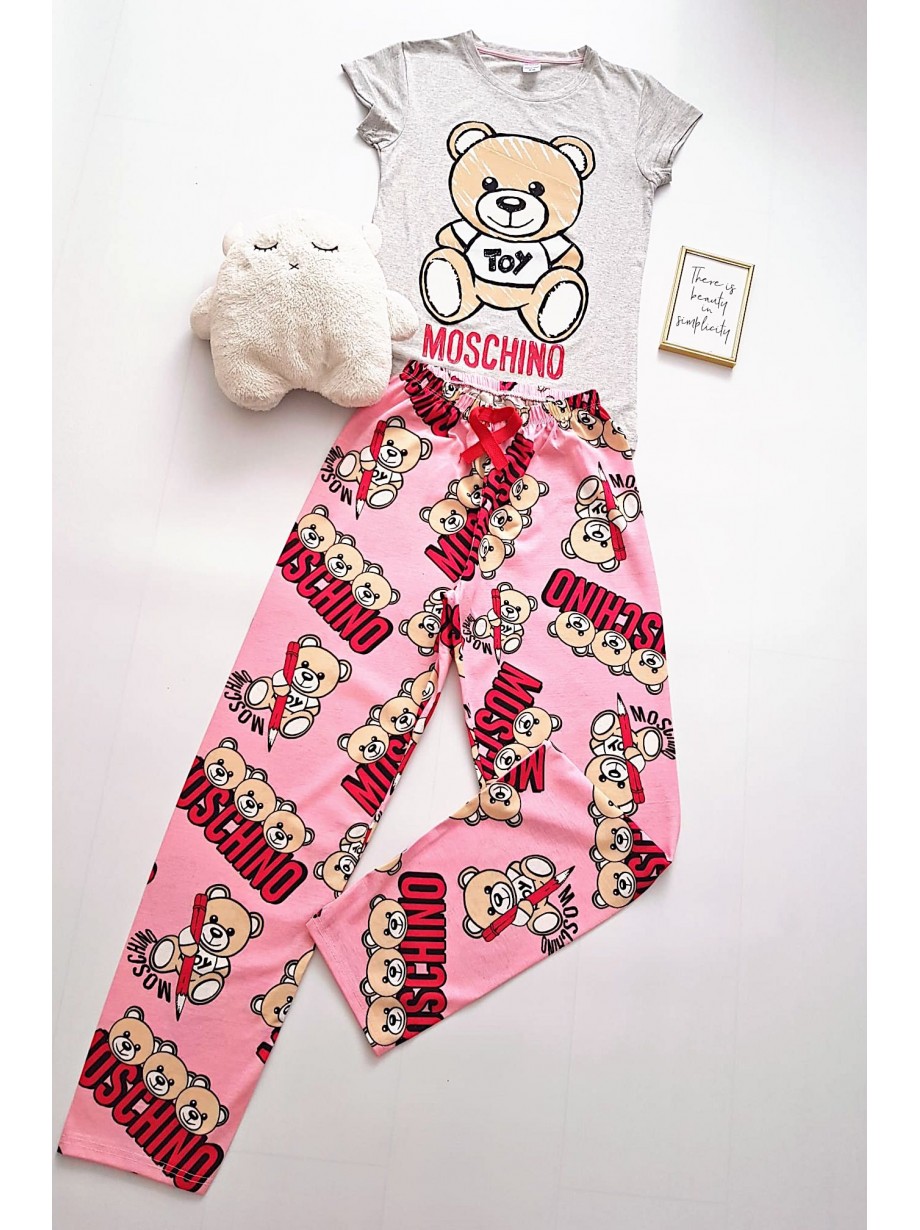 Scatter completely Contour Pijama dama ieftina bumbac lunga cu pantaloni lungi roz si tricou gri cu  imprimeu Urs Toy -
