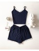 Pijama dama scurta bleumarin cu maieu si cu dantela fina alba Pijama dama scurta bleumarin cu maieu si cu dantela fina alba