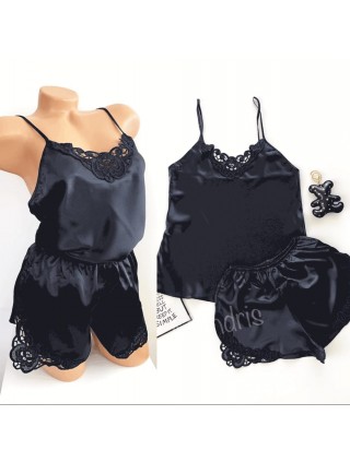 Pijama dama ieftina primavara-vara neagra Lady cu model dantelat