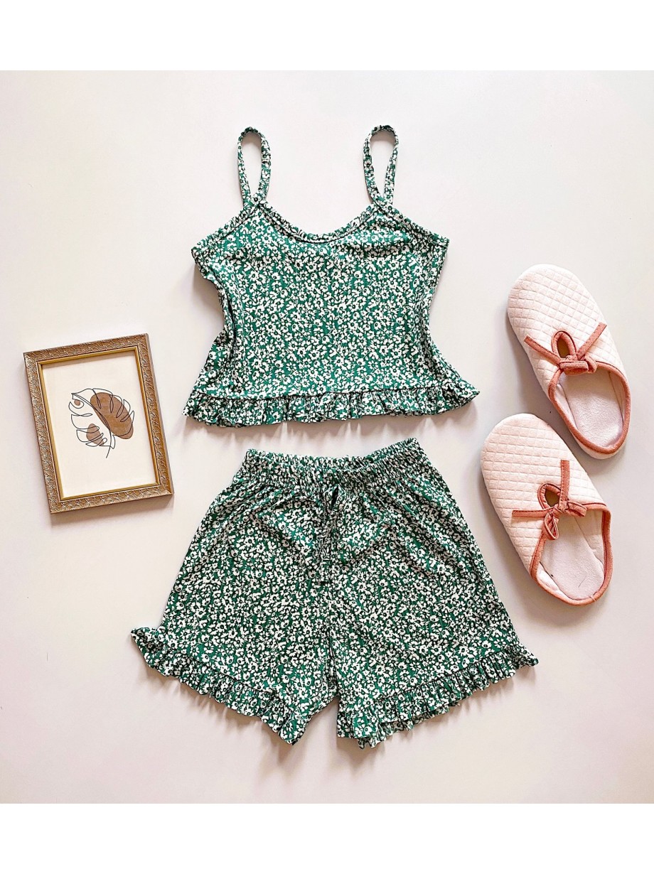 Pijama dama ieftina scurta vernil cu maieu cu volanase si imprimeu Summery