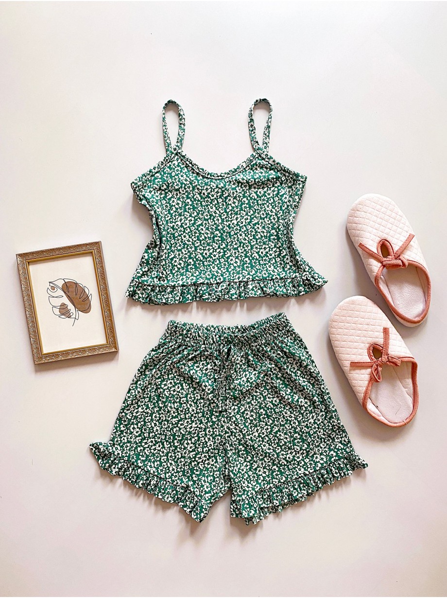 Pijama dama ieftina scurta vernil cu maieu cu volanase si imprimeu Summery