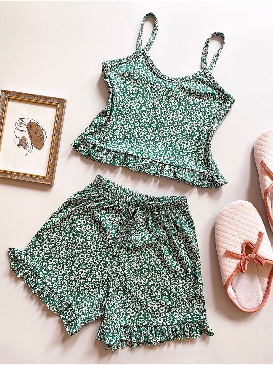 Pijama dama ieftina scurta vernil cu maieu cu volanase si imprimeu Summery