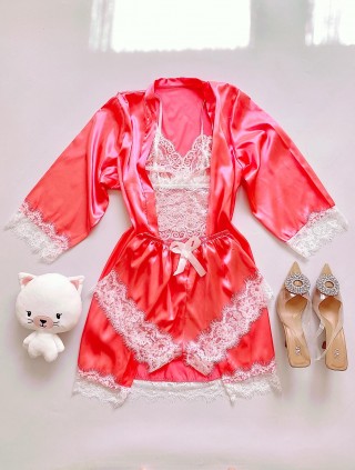 Set Pijamale dama roz din material premium cu aspect satinat si elegant