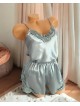 Pijama Dama ieftina cu aspect satinat formata din maieu cu bretele si pantaloni scurti cu dantela vernil - Versatila si Luminoasa