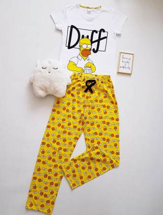 Pijama dama bumbac primavara-vara cu pantaloni lungi galbeni si tricou alb cu imprimeu Duff