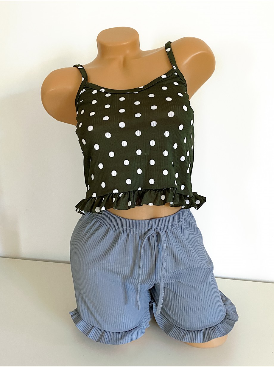 Pijama femei cu pantaloni scurti si maieu cu imprimeu Polka