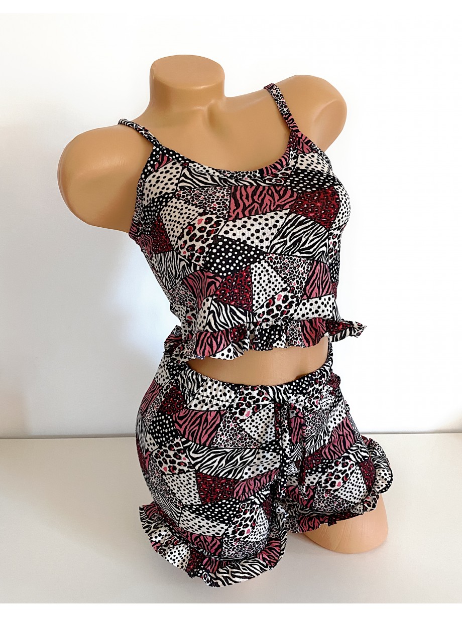 Pijama dama ieftina scurta cu maieu cu volanase si imprimeu Geo Red