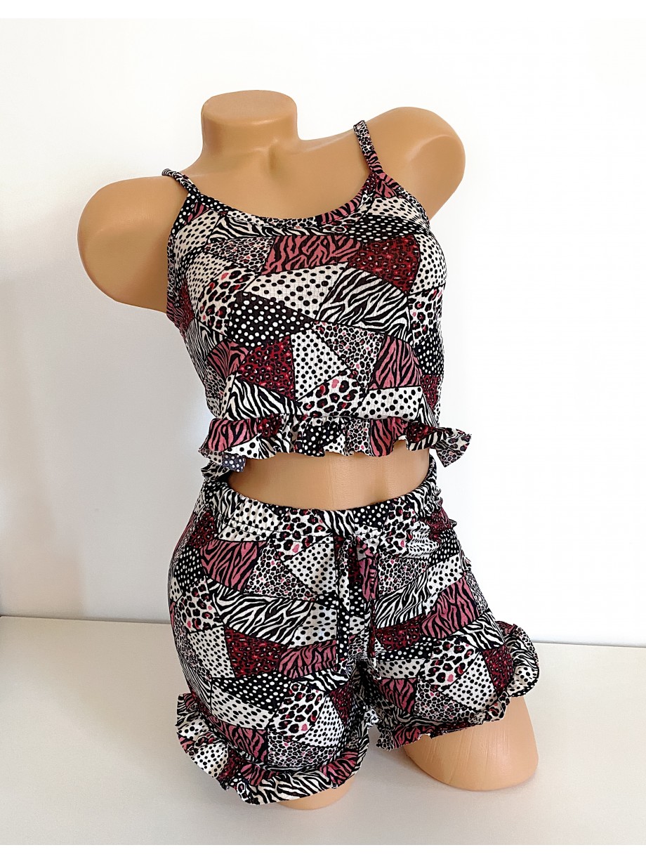 Pijama dama ieftina scurta cu maieu cu volanase si imprimeu Geo Red