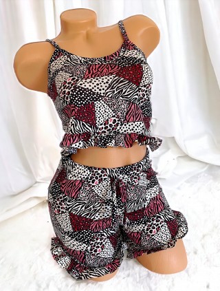 Pijama dama ieftina scurta cu maieu cu volanase si imprimeu Geo Red