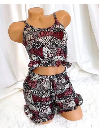 Pijama dama ieftina scurta cu maieu cu volanase si imprimeu Geo Red