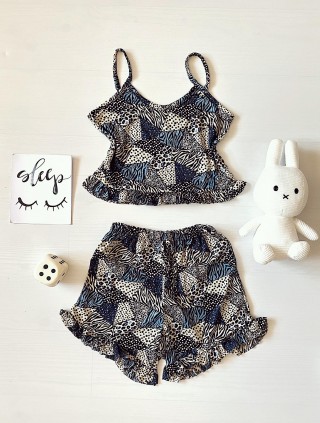 Pijama dama ieftina scurta cu maieu cu volanase si imprimeu Geo Blue