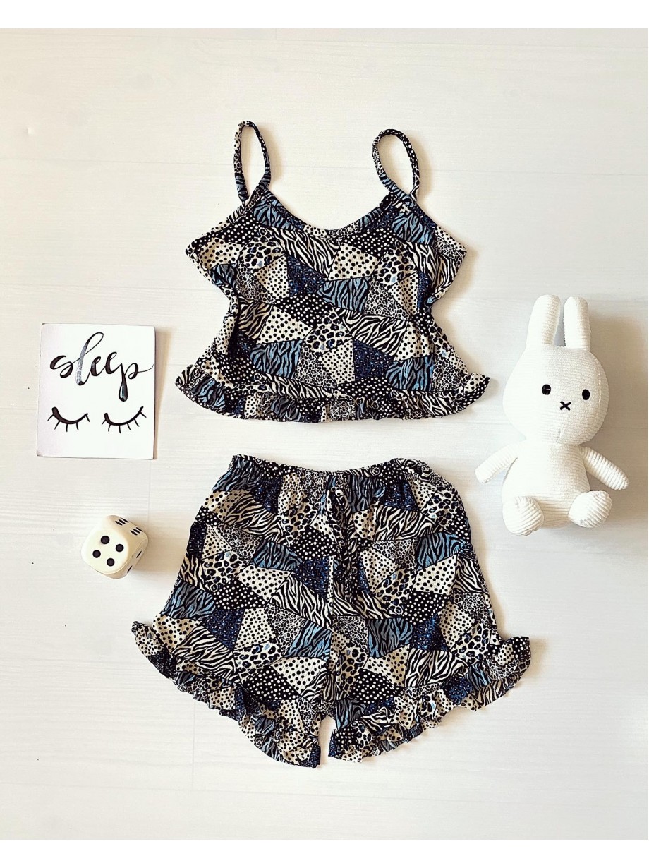 Pijama dama ieftina scurta cu maieu cu volanase si imprimeu Geo Blue