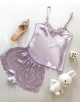 Pijama Dama ieftina cu aspect satinat formata din maieu cu bretele si pantaloni scurti cu dantela lila - Delicată și Reconfortantă