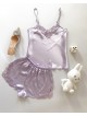 Pijama Dama ieftina cu aspect satinat formata din maieu cu bretele si pantaloni scurti cu dantela lila - Delicată și Reconfortantă