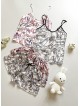 Pijama dama ieftina cu aspect satinat cu maieu si pantaloni scurti cu imprimeu litere chains - Stil Urban și Refined