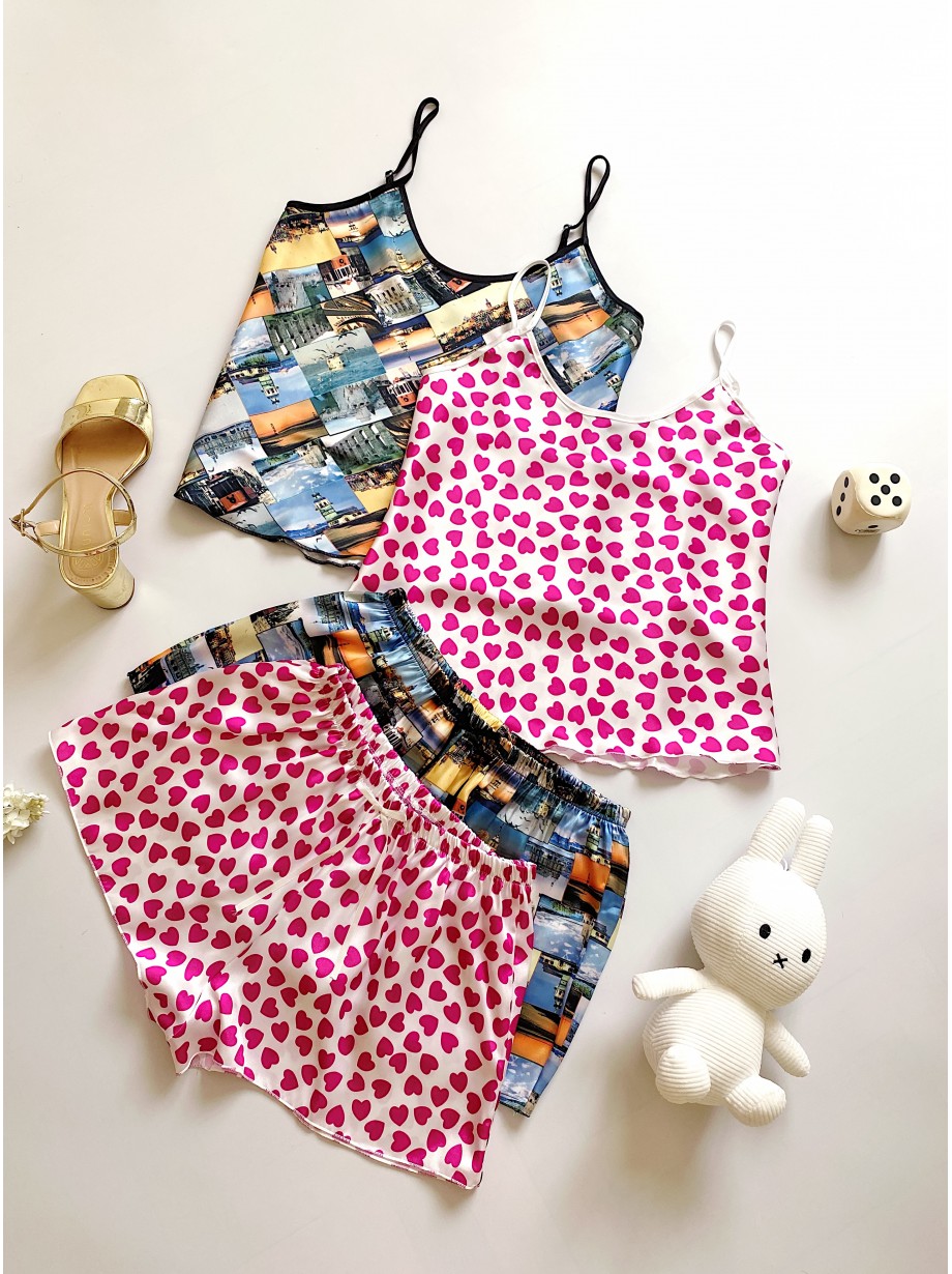 Pijama dama ieftina cu aspect satinat cu maieu si pantaloni scurti cu imprimeu Postcard Orase