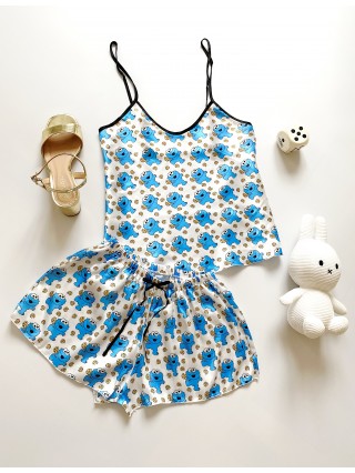 Pijama dama ieftina cu aspect satinat cu maieu si pantaloni scurti cu imprimeu Cookie Albastru - Pofta de Dulce