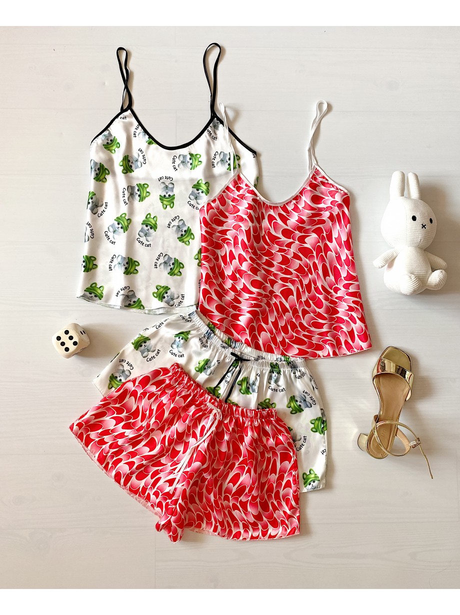 Pijama dama ieftina cu aspect satinat cu maieu si pantaloni scurti cu imprimeu Roz alb - Subtilitate si Caldura