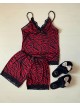 Pijama dama ieftina rosie cu negru formata din maieu si pantaloni scurti cu detalii dantela - Zebra