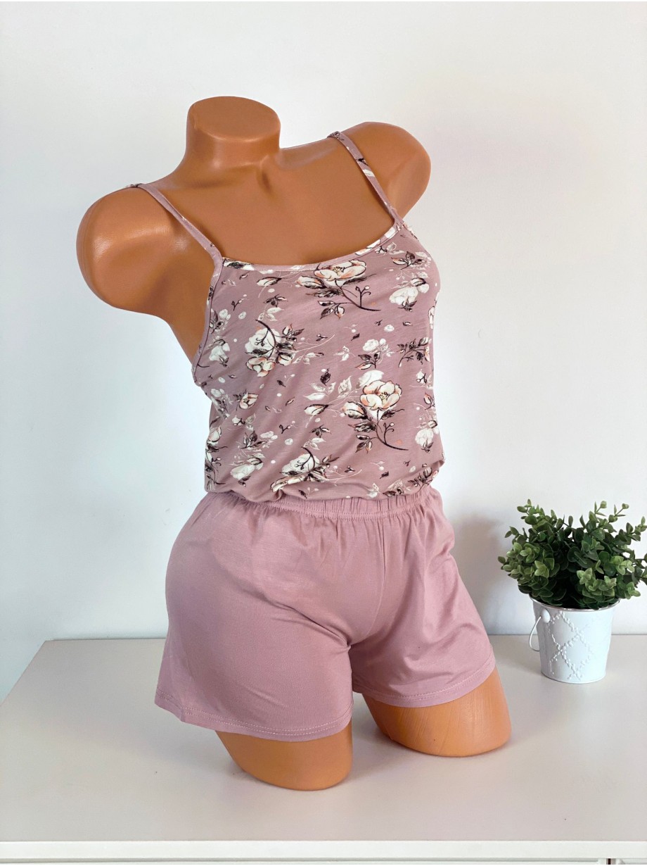 Pijama dama din bumbac calitate premium formata din maieu si pantaloni scurti roz cu imprimeu Flori delicate
