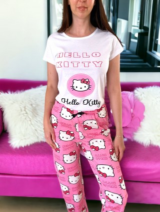 Pijama dama bumbac cu pantaloni lungi si tricou alb Hello Kitty WOW